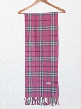 Burberry London Cashmere Wool Blend Hot Pink Tartan Plaid Fringed OSFM